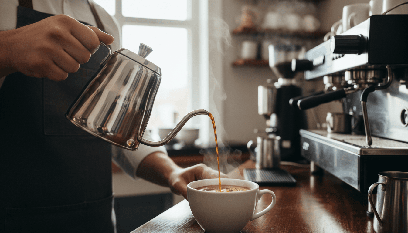 Close-up of premium roasted coffee being poured into a white cup